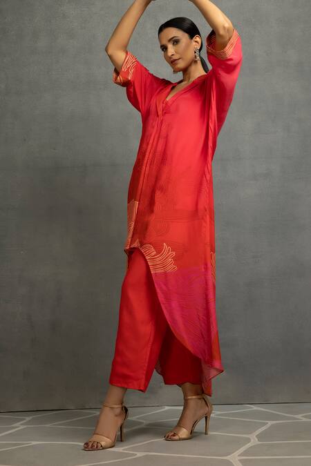 Buy Kahani Lush Red Cotton, Silk Collared Printed High Low Tunic And Pant Set Online at Aza Fashions Buy_Kahani Lush_Red Cotton, Silk Collared Printed High Low Tunic And Pant Set _Online_at_Aza_Fashions