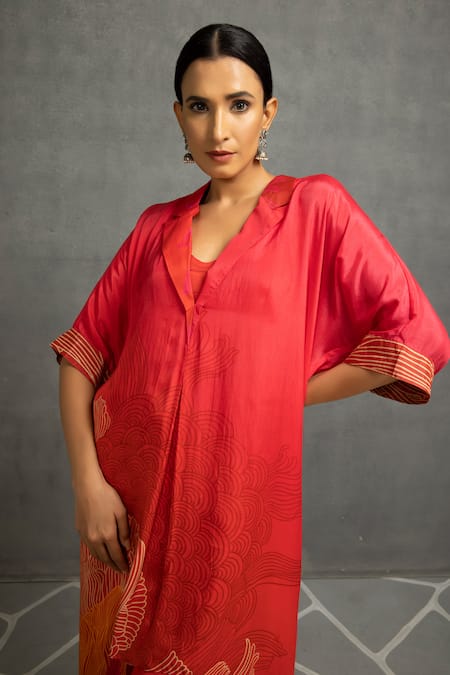 Shop Kahani Lush Red Cotton, Silk Collared Printed High Low Tunic And Pant Set Online at Aza Fashions Shop_Kahani Lush_Red Cotton, Silk Collared Printed High Low Tunic And Pant Set _Online_at_Aza_Fashions
