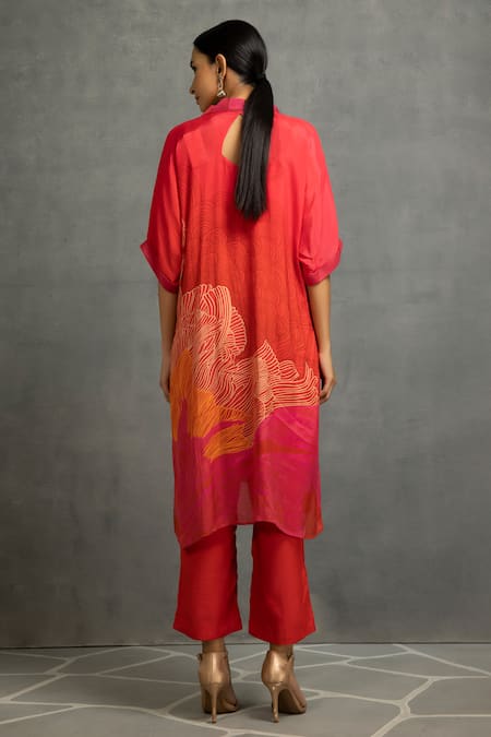 Shop Kahani Lush Red Cotton, Silk Collared Abstract Print Kurta Pant Set at Aza Fashions Shop_Kahani Lush_Red Cotton, Silk Collared Abstract Print Kurta Pant Set _at_Aza_Fashions