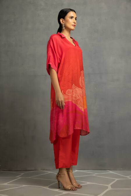 Buy Kahani Lush Red Cotton, Silk Collared Abstract Print Kurta Pant Set Online at Aza Fashions Buy_Kahani Lush_Red Cotton, Silk Collared Abstract Print Kurta Pant Set _Online_at_Aza_Fashions