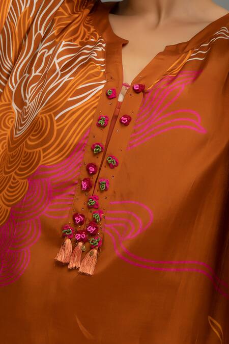 Kahani Lush_Brown Cotton, Silk Embroidery Open Neck Abstract Print Placket Dress _Online_at_Aza_Fashions
