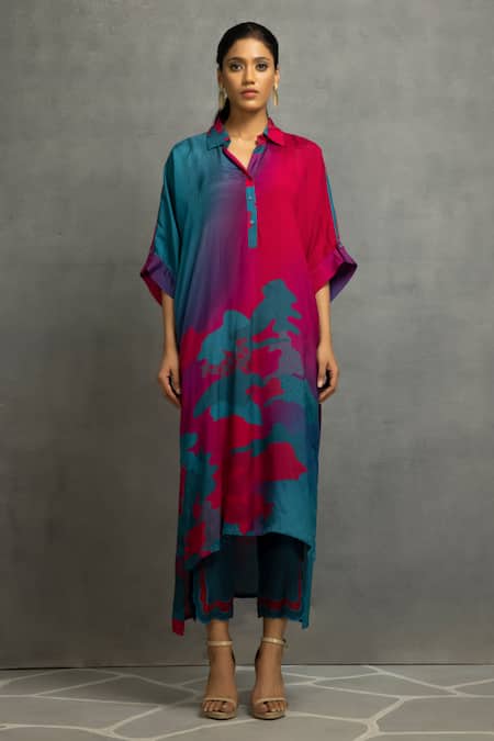 Kahani Lush Blue Cotton, Silk Collared Abstract Print High Low Tunic Pant Set