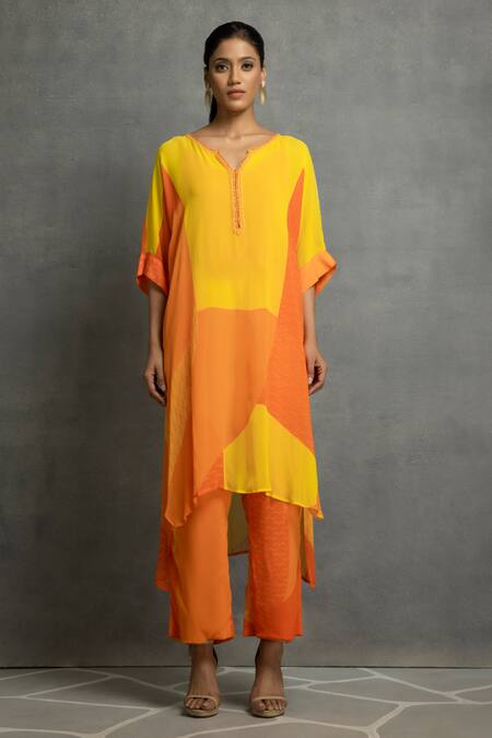 Kahani Lush_Orange Georgette Embroidery Open Neck Abstract Print Tunic And Pant Set _Online_at_Aza_Fashions
