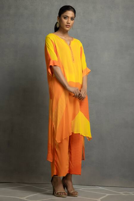 Buy_Kahani Lush_Orange Georgette Embroidery Open Neck Abstract Print Tunic And Pant Set _Online_at_Aza_Fashions
