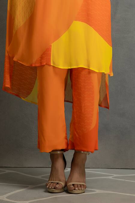 Shop_Kahani Lush_Orange Georgette Embroidery Open Neck Abstract Print Tunic And Pant Set _Online_at_Aza_Fashions