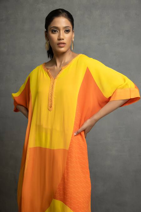 Kahani Lush_Orange Georgette Embroidery Open Neck Abstract Print Tunic And Pant Set _at_Aza_Fashions