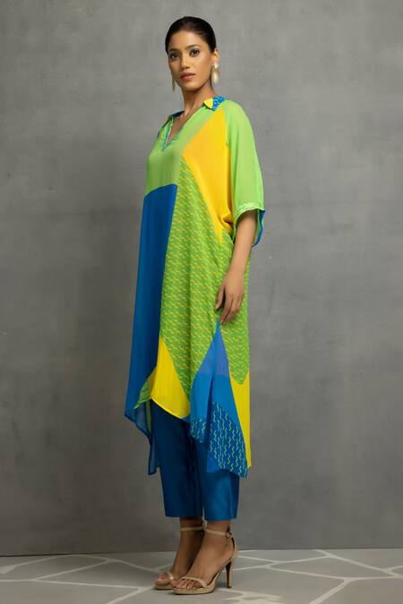 Buy_Kahani Lush_Blue Cotton, Silk Embroidery Collared Printed Anchor Thread Tunic And Pant Set _Online_at_Aza_Fashions