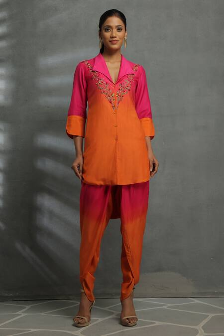 Kahani Lush_Pink Cotton, Silk Beads, Embroidery Floral High Low Tunic And Dhoti Pant Set _Online_at_Aza_Fashions