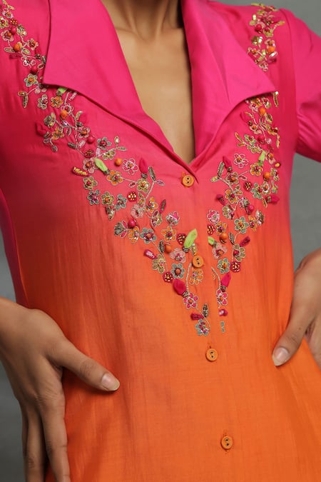 Shop_Kahani Lush_Pink Cotton, Silk Beads, Embroidery Floral High Low Tunic And Dhoti Pant Set _Online_at_Aza_Fashions