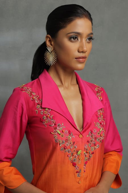 Kahani Lush_Pink Cotton, Silk Beads, Embroidery Floral High Low Tunic And Dhoti Pant Set _at_Aza_Fashions