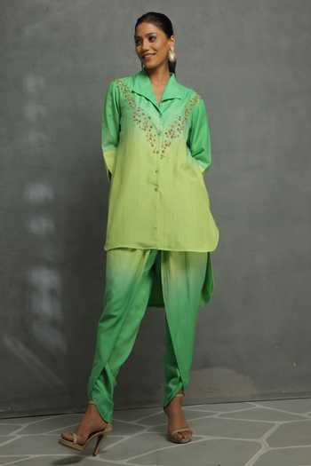 Buy_Kahani Lush_Green Cotton, Silk Beads, Embroidery Ombre Shirt Tunic And Dhoti Pant Set _Online_at_Aza_Fashions