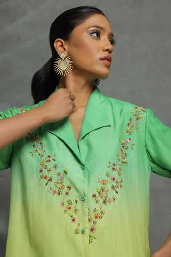 Shop_Kahani Lush_Green Cotton, Silk Beads, Embroidery Ombre Shirt Tunic And Dhoti Pant Set _Online_at_Aza_Fashions