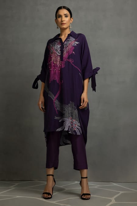 Kahani Lush_Purple Cotton, Silk Sequins, Beads Abstract Print Embroidered Tunic And Pant Set _Online_at_Aza_Fashions