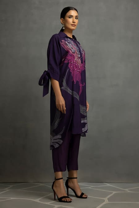 Shop_Kahani Lush_Purple Cotton, Silk Sequins, Beads Abstract Print Embroidered Tunic And Pant Set _Online_at_Aza_Fashions