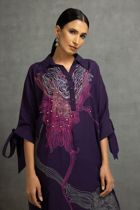 Buy_Kahani Lush_Purple Cotton, Silk Sequins, Beads Abstract Print Embroidered Tunic And Pant Set 