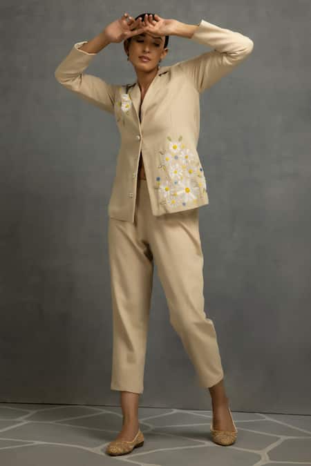 Kahani Lush_Beige Cotton Beads 3d Floral Embroidered Blazer And Pant Set _Online_at_Aza_Fashions