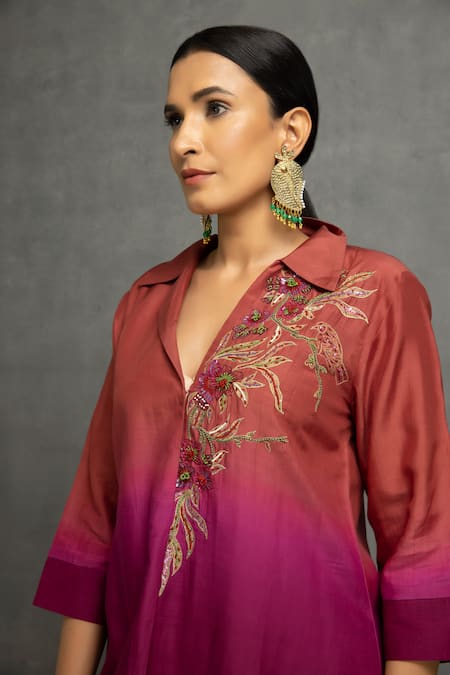 Shop_Kahani Lush_Purple Cotton, Silk Sequins, Beads, Embroidery Ombre Floral Kurta And Pant Set _Online_at_Aza_Fashions