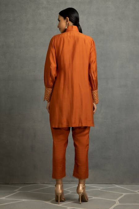 Shop Kahani Lush Brown Cotton, Silk Embroidery High Neck Cuff Tunic And Pant Set at Aza Fashions Shop_Kahani Lush_Brown Cotton, Silk Embroidery High Neck Cuff Tunic And Pant Set _at_Aza_Fashions