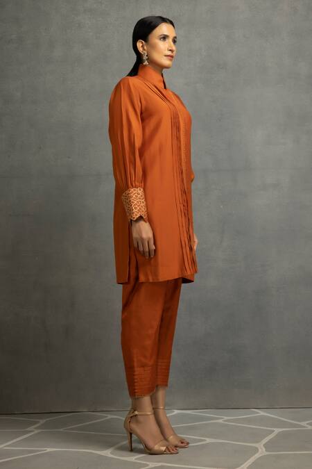 Kahani Lush Brown Cotton, Silk Embroidery High Neck Cuff Tunic And Pant Set Online at Aza Fashions Kahani Lush_Brown Cotton, Silk Embroidery High Neck Cuff Tunic And Pant Set _Online_at_Aza_Fashions