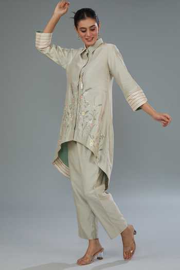 Kahani Lush Beige Chanderi Silk Embroidery, Beads Collared Floral Kurta And Pant Set Online at Aza Fashions Kahani Lush_Beige Chanderi Silk Embroidery, Beads Collared Floral Kurta And Pant Set _Online_at_Aza_Fashions
