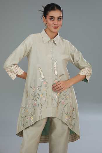 Buy Kahani Lush Beige Chanderi Silk Embroidery, Beads Collared Floral Kurta And Pant Set Online at Aza Fashions Buy_Kahani Lush_Beige Chanderi Silk Embroidery, Beads Collared Floral Kurta And Pant Set _Online_at_Aza_Fashions