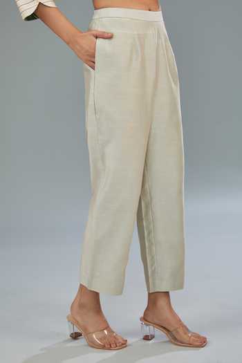 Shop Kahani Lush Beige Chanderi Silk Embroidery, Beads Collared Floral Kurta And Pant Set Online at Aza Fashions Shop_Kahani Lush_Beige Chanderi Silk Embroidery, Beads Collared Floral Kurta And Pant Set _Online_at_Aza_Fashions