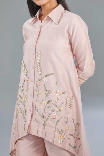 Buy_Kahani Lush_Pink Chanderi Silk Embroidery Collared Floral Kurta Set _Online_at_Aza_Fashions