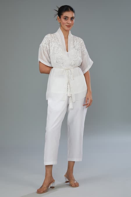 Kahani Lush White Organza Pearls, Sequins, Beads Shawl Floral Embroidered Shirt And Pant Set Online at Aza Fashions Kahani Lush_White Organza Pearls, Sequins, Beads Shawl Floral Embroidered Shirt And Pant Set _Online_at_Aza_Fashions