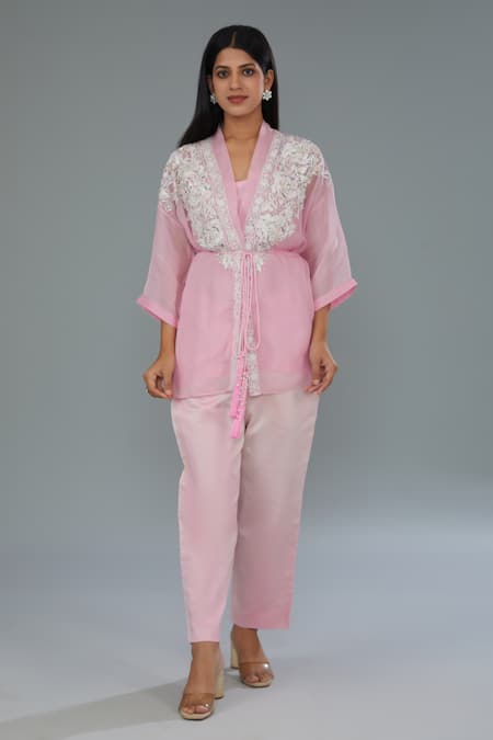 Kahani Lush Pink Organza Pearls, Sequins, Beads Shawl Neck Work Shirt And Pant Set 