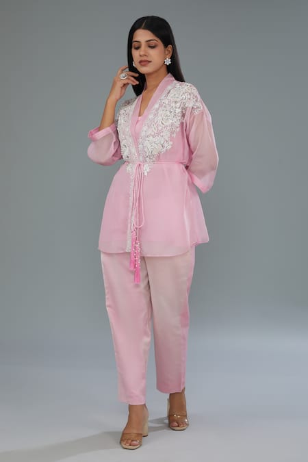 Kahani Lush_Pink Organza Pearls, Sequins, Beads Shawl Neck Work Shirt And Pant Set _Online_at_Aza_Fashions