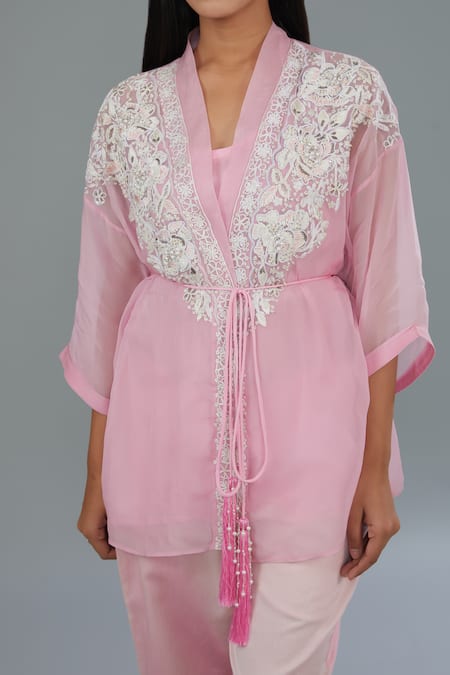Shop_Kahani Lush_Pink Organza Pearls, Sequins, Beads Shawl Neck Work Shirt And Pant Set _Online_at_Aza_Fashions