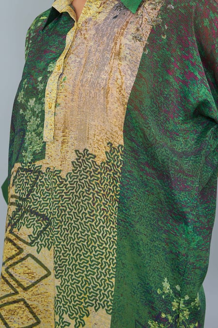 Kahani Lush_Multi Color Cotton, Silk Collared Abstract Printed Kurta And Pant Set _Online_at_Aza_Fashions