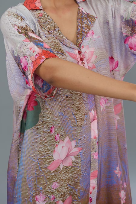 Kahani Lush Multi Color Cotton, Silk Tassels Collared Lotus Print Shirt Kurta And Pant Set Online at Aza Fashions Kahani Lush_Multi Color Cotton, Silk Tassels Collared Lotus Print Shirt Kurta And Pant Set _Online_at_Aza_Fashions