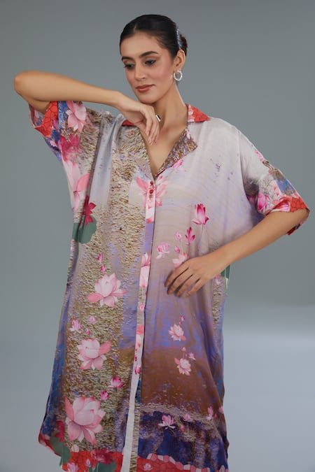 Buy Kahani Lush Multi Color Cotton, Silk Tassels Collared Lotus Print Shirt Kurta And Pant Set Online at Aza Fashions Buy_Kahani Lush_Multi Color Cotton, Silk Tassels Collared Lotus Print Shirt Kurta And Pant Set _Online_at_Aza_Fashions