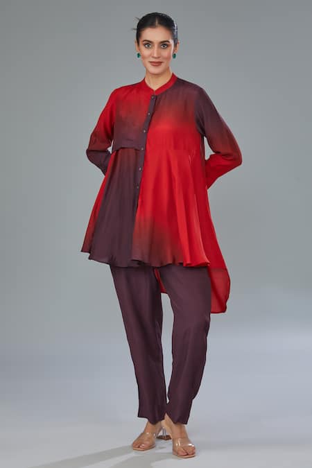 Kahani Lush Red Cotton Silk Plain Mandarin Collar Ombre Shirt Kurta And Pant Set 