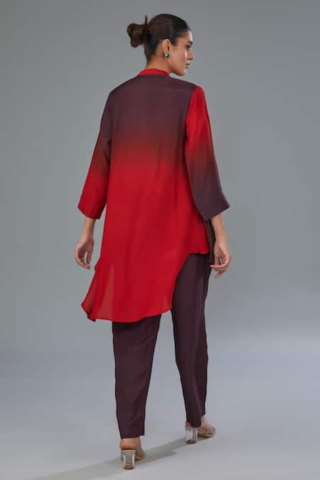 Shop_Kahani Lush_Red Cotton, Silk Mandarin Collar Ombre Shirt Kurta And Pant Set _at_Aza_Fashions