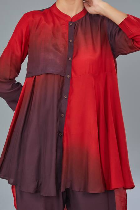 Kahani Lush_Red Cotton, Silk Mandarin Collar Ombre Shirt Kurta And Pant Set _Online_at_Aza_Fashions