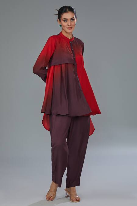 Shop_Kahani Lush_Red Cotton, Silk Mandarin Collar Ombre Shirt Kurta And Pant Set _Online_at_Aza_Fashions