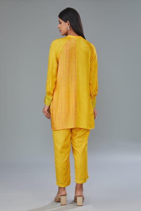 Shop Kahani Lush Yellow Cotton, Silk Collared Floral Stripe Print Shirt And Pant Set at Aza Fashions Shop_Kahani Lush_Yellow Cotton, Silk Collared Floral Stripe Print Shirt And Pant Set _at_Aza_Fashions
