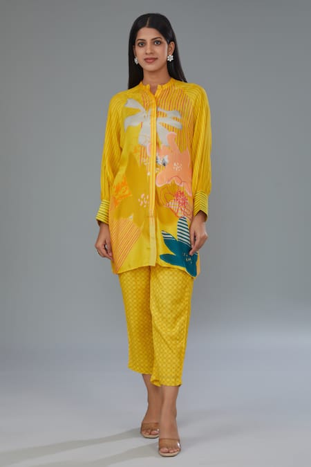 Kahani Lush Yellow Cotton, Silk Collared Floral Stripe Print Shirt And Pant Set Online at Aza Fashions Kahani Lush_Yellow Cotton, Silk Collared Floral Stripe Print Shirt And Pant Set _Online_at_Aza_Fashions