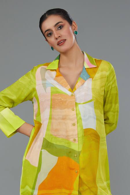 Kahani Lush Green Cotton, Silk Collared Abstract Print Shirt Kurta And Pant Set Online at Aza Fashions Kahani Lush_Green Cotton, Silk Collared Abstract Print Shirt Kurta And Pant Set _Online_at_Aza_Fashions
