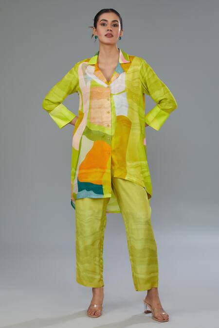 Buy Kahani Lush Green Cotton, Silk Collared Abstract Print Shirt Kurta And Pant Set Online at Aza Fashions Buy_Kahani Lush_Green Cotton, Silk Collared Abstract Print Shirt Kurta And Pant Set _Online_at_Aza_Fashions