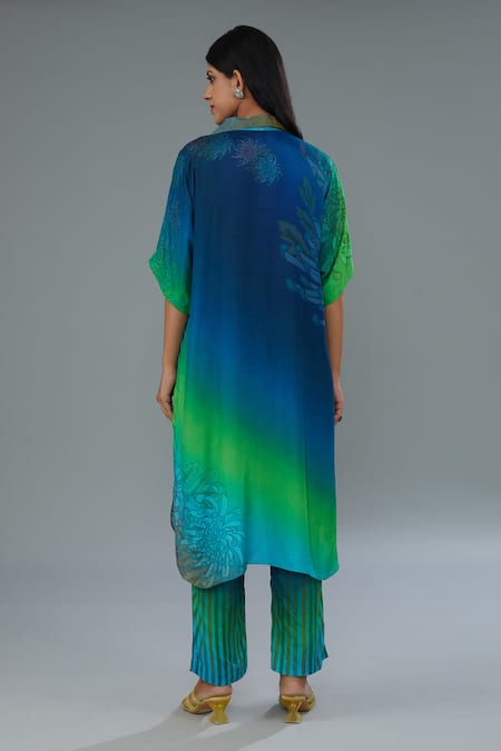 Shop Kahani Lush Multi Color Cotton, Silk Collared Bloom Placement Print Shirt Kurta And Pant Set at Aza Fashions Shop_Kahani Lush_Multi Color Cotton, Silk Collared Bloom Placement Print Shirt Kurta And Pant Set _at_Aza_Fashions