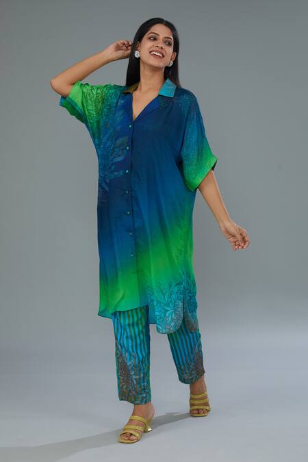 Kahani Lush Multi Color Cotton, Silk Collared Bloom Placement Print Shirt Kurta And Pant Set Online at Aza Fashions Kahani Lush_Multi Color Cotton, Silk Collared Bloom Placement Print Shirt Kurta And Pant Set _Online_at_Aza_Fashions