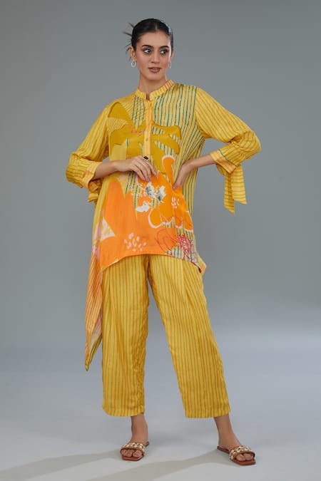 Kahani Lush Stripe Floral Print Shirt Kurta & Pant Set 