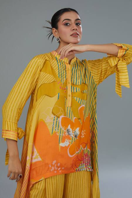 Buy_Kahani Lush_Yellow Cotton, Silk Mandarin Collar Stripe Floral Print Shirt Kurta And Pant Set _Online_at_Aza_Fashions