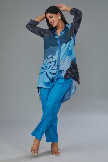 Shop_Kahani Lush_Blue Cotton, Silk Collared Geometric Print Shirt Kurta And Pant Set _Online_at_Aza_Fashions
