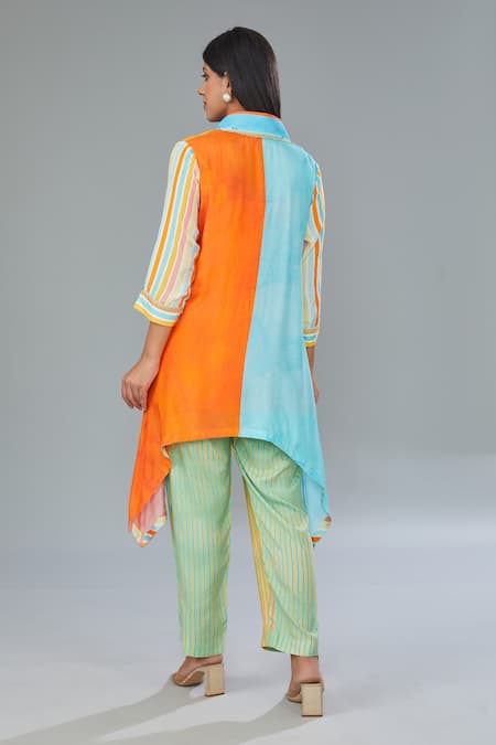 Shop Kahani Lush Multi Color Cotton, Silk Beads Flower Print Asymmetric Shirt Kurta And Pant Set at Aza Fashions Shop_Kahani Lush_Multi Color Cotton, Silk Beads Flower Print Asymmetric Shirt Kurta And Pant Set _at_Aza_Fashions