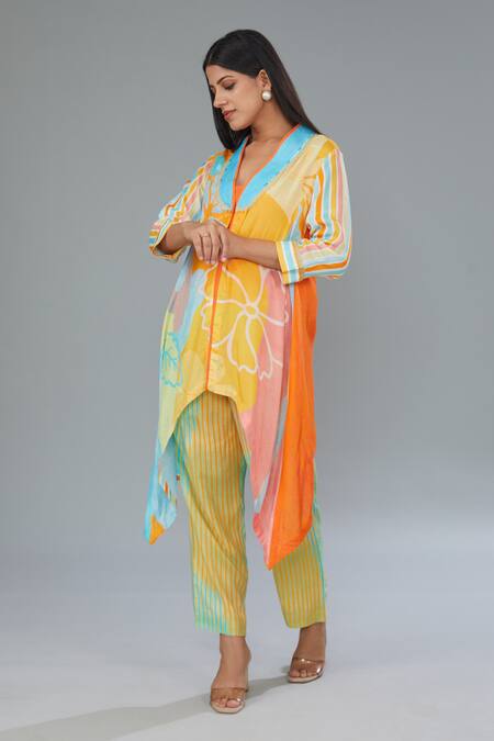 Kahani Lush Multi Color Cotton, Silk Beads Flower Print Asymmetric Shirt Kurta And Pant Set Online at Aza Fashions Kahani Lush_Multi Color Cotton, Silk Beads Flower Print Asymmetric Shirt Kurta And Pant Set _Online_at_Aza_Fashions