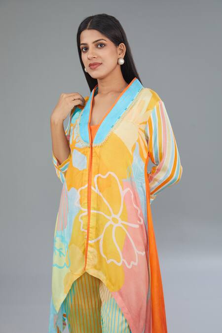 Buy Kahani Lush Multi Color Cotton, Silk Beads Flower Print Asymmetric Shirt Kurta And Pant Set Online at Aza Fashions Buy_Kahani Lush_Multi Color Cotton, Silk Beads Flower Print Asymmetric Shirt Kurta And Pant Set _Online_at_Aza_Fashions